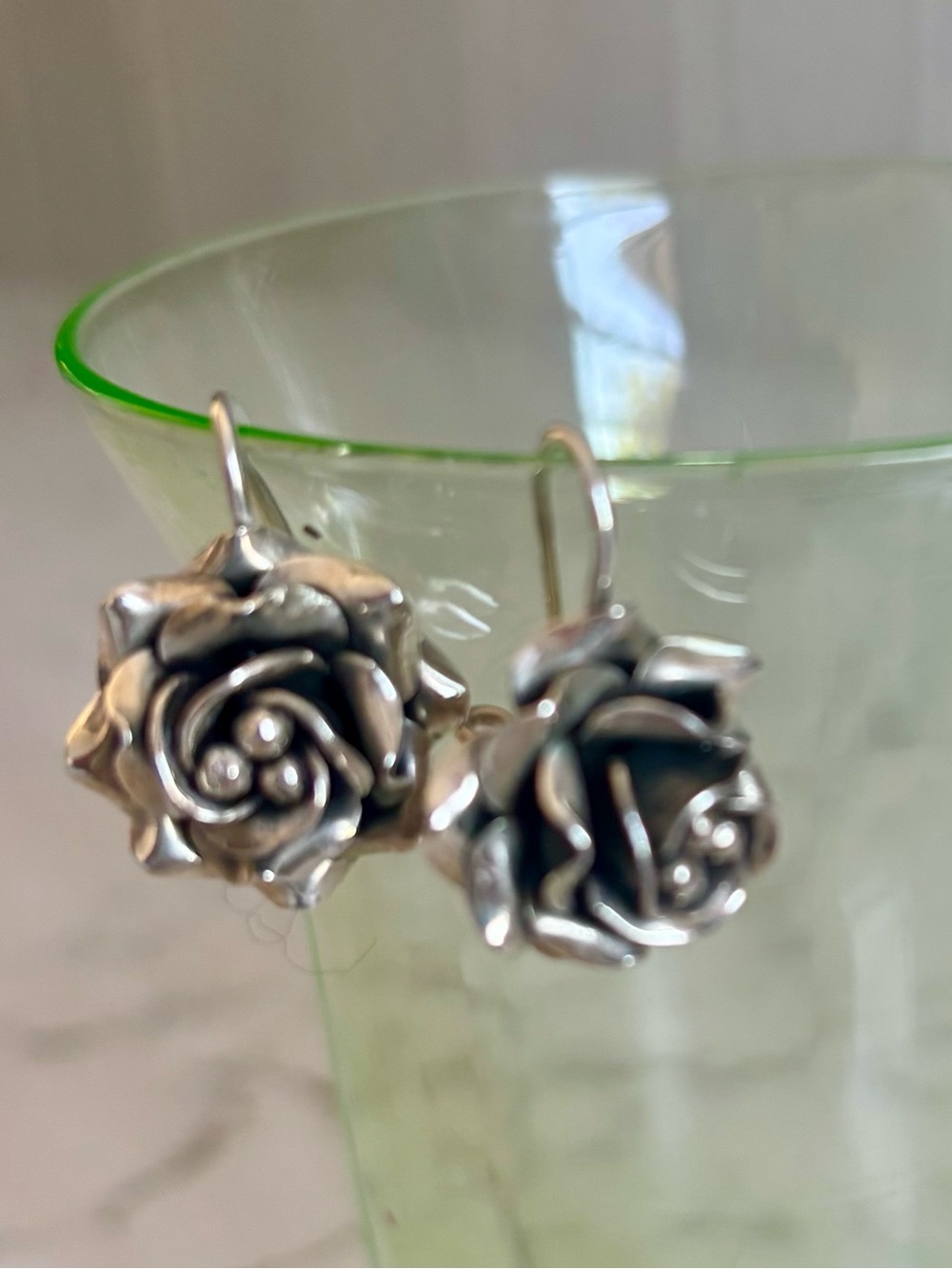 Sterling Silver Rose Drop Earrings - Floral pierced Earrings - Picture 2 of 5